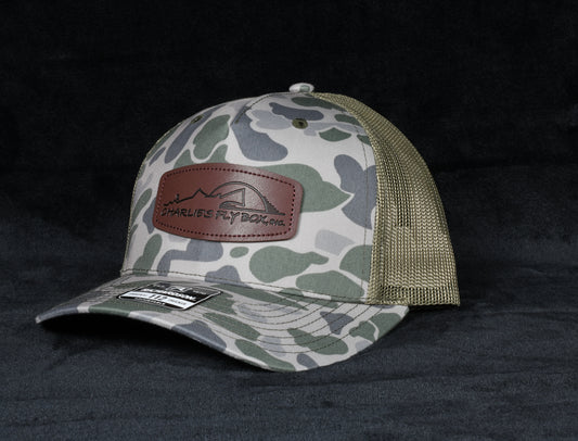 CFB Trucker Hat, Olive Camo with Leather Patch Logo